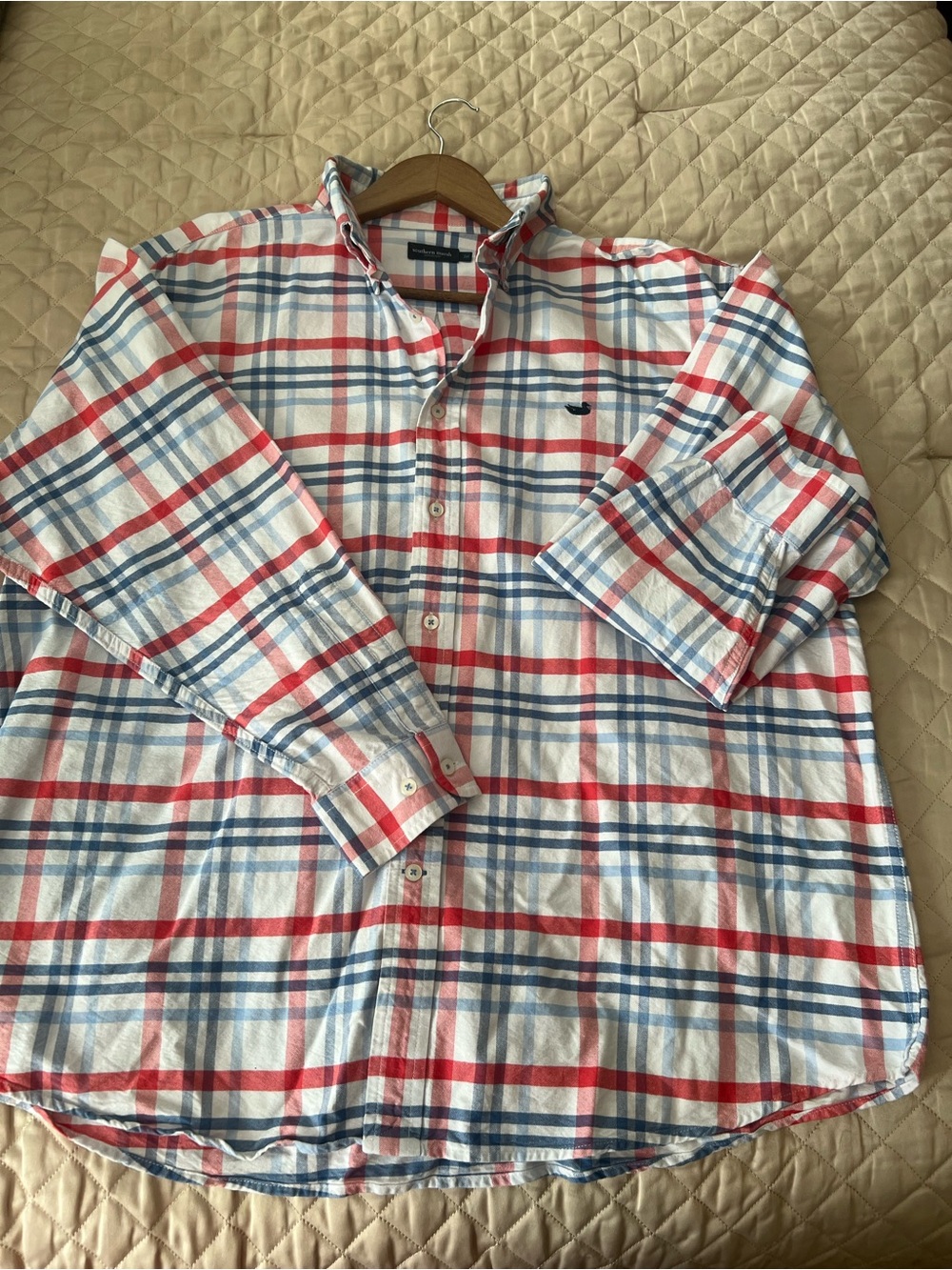 Southern Marsh White Plaid Button-Down Shirt with Red & Blue Stripes